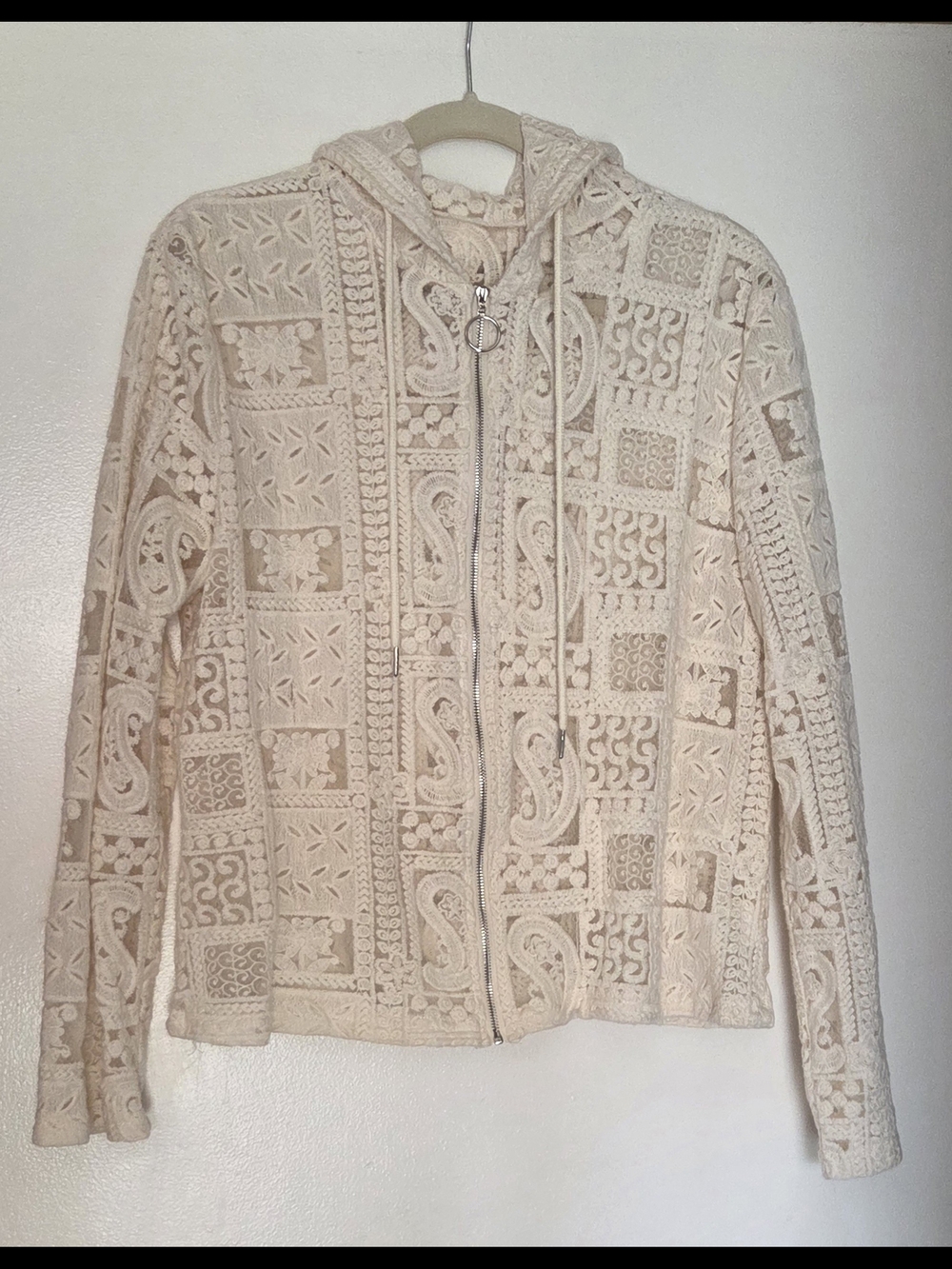 Crochet Zip-Front Hoodie Sweater in Cream
